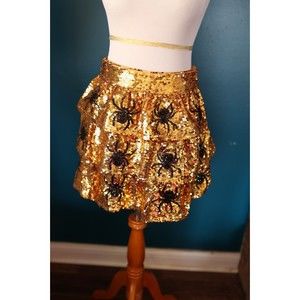 Peach Love California tiered skirt Women's M Gold Sequin Spiders Spooky Emo
